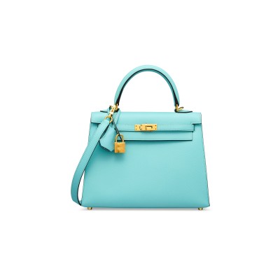 HERMÈS BLUE ZEPHYR EPSOM LEATHER SELLIER KELLY 25 WITH GOLD HARDWARE (25*17*7cm) 